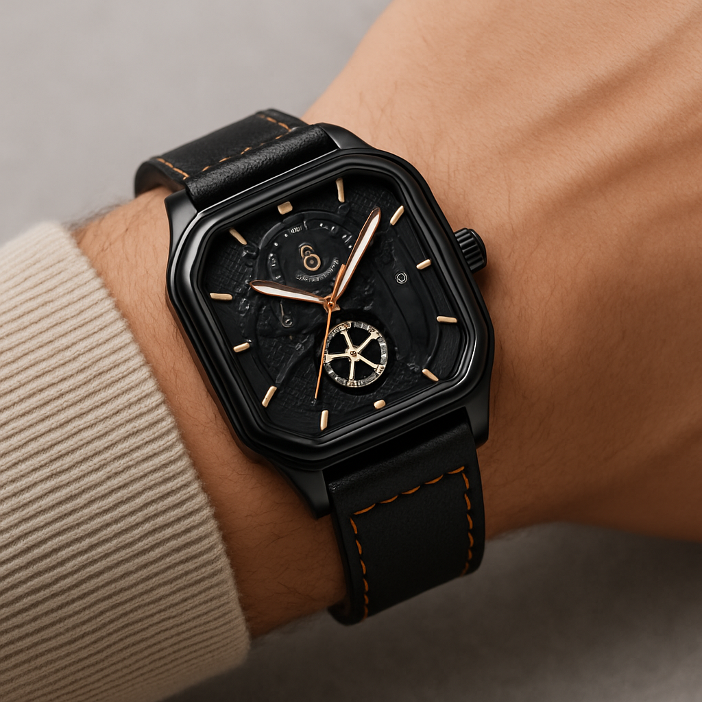 Men’s Black Square Dial Watch Leather Strap