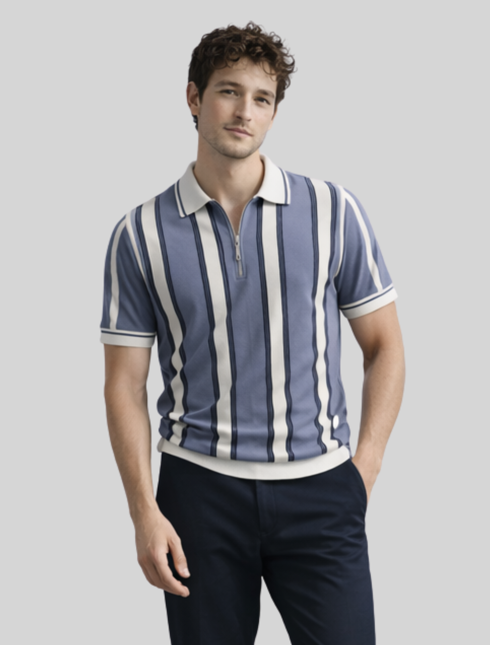 Old Money Stripe Zip Polo – Classic Navy