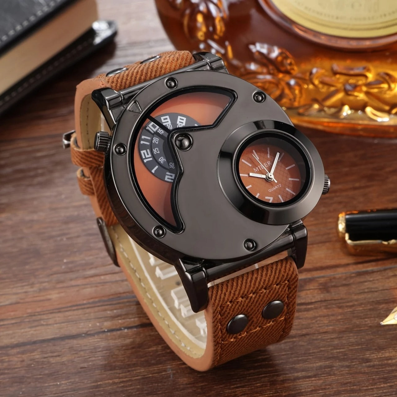 Dual-Dial Leather Sports Watch
