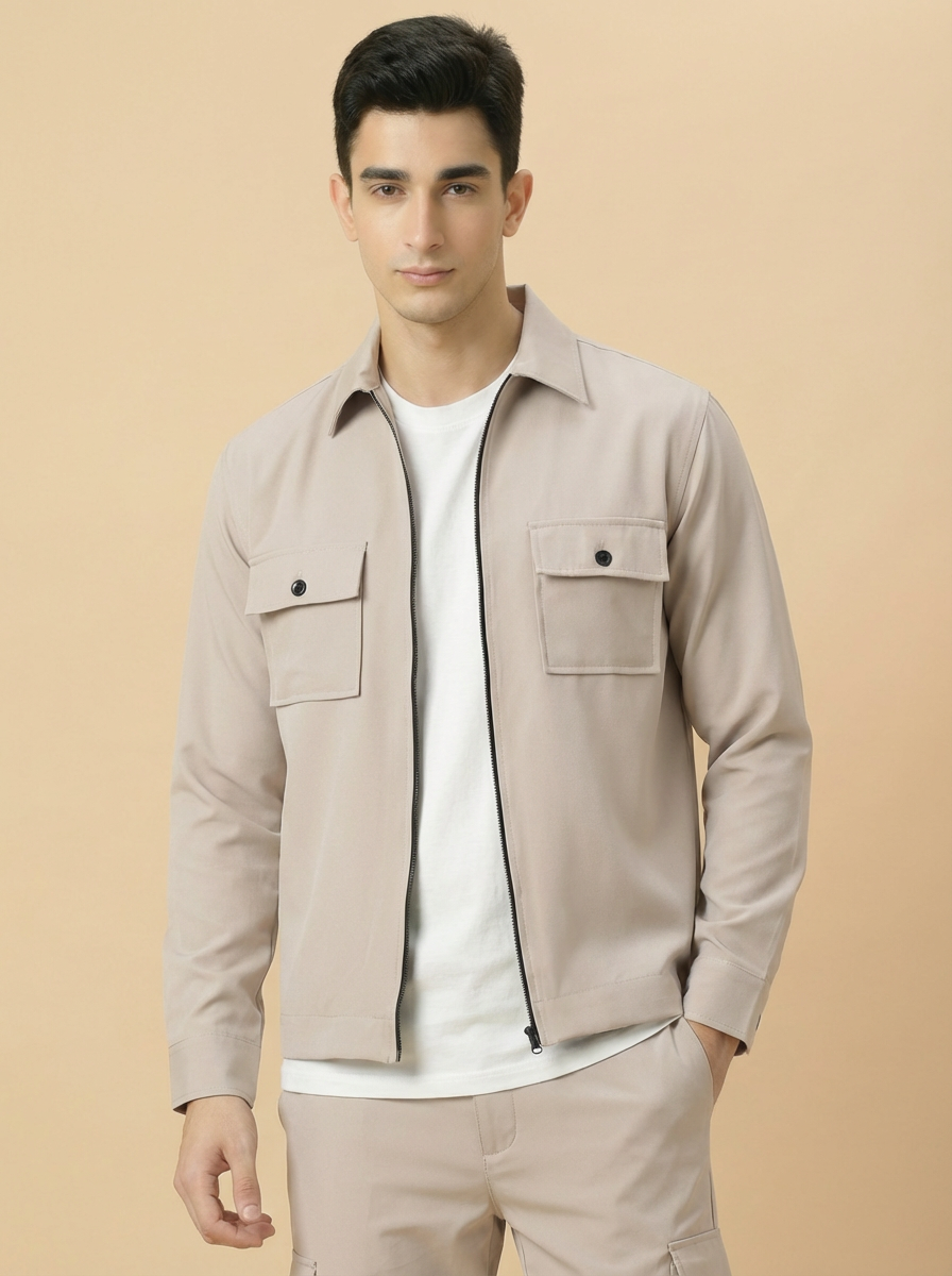 Revorn Beige Utility Zip Jacket – Cotton Jeans Fabric-4