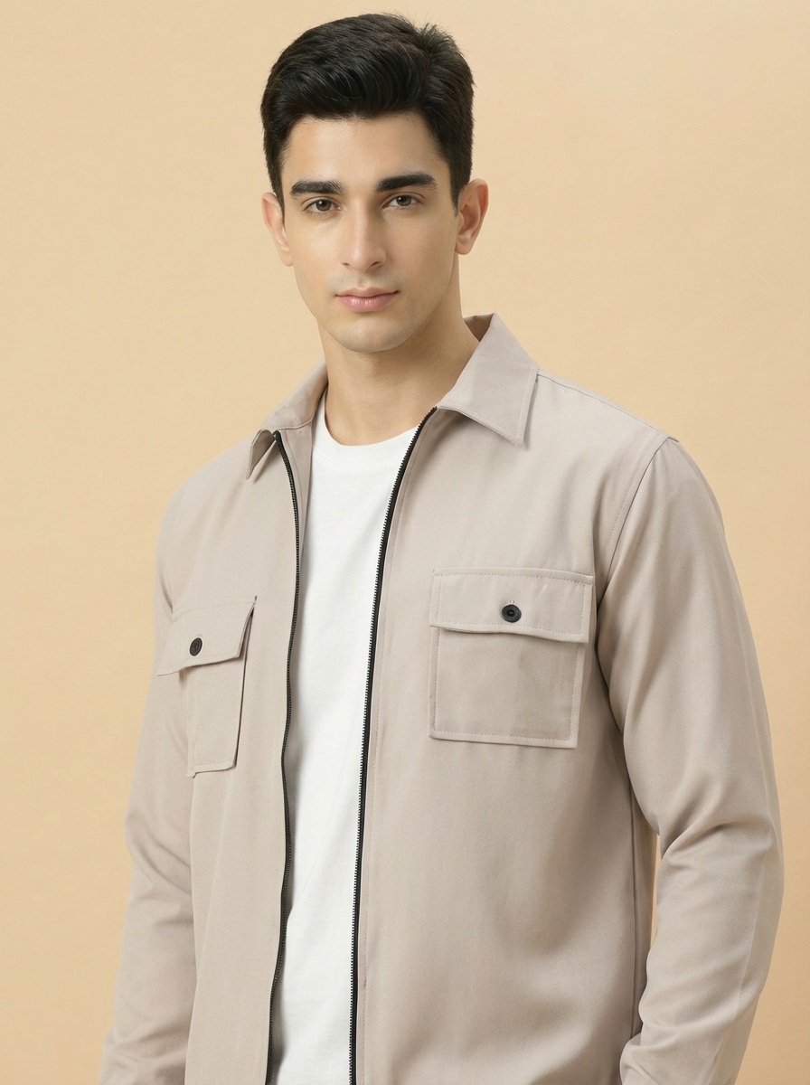 Revorn Beige Utility Zip Jacket – Cotton Jeans Fabric-3