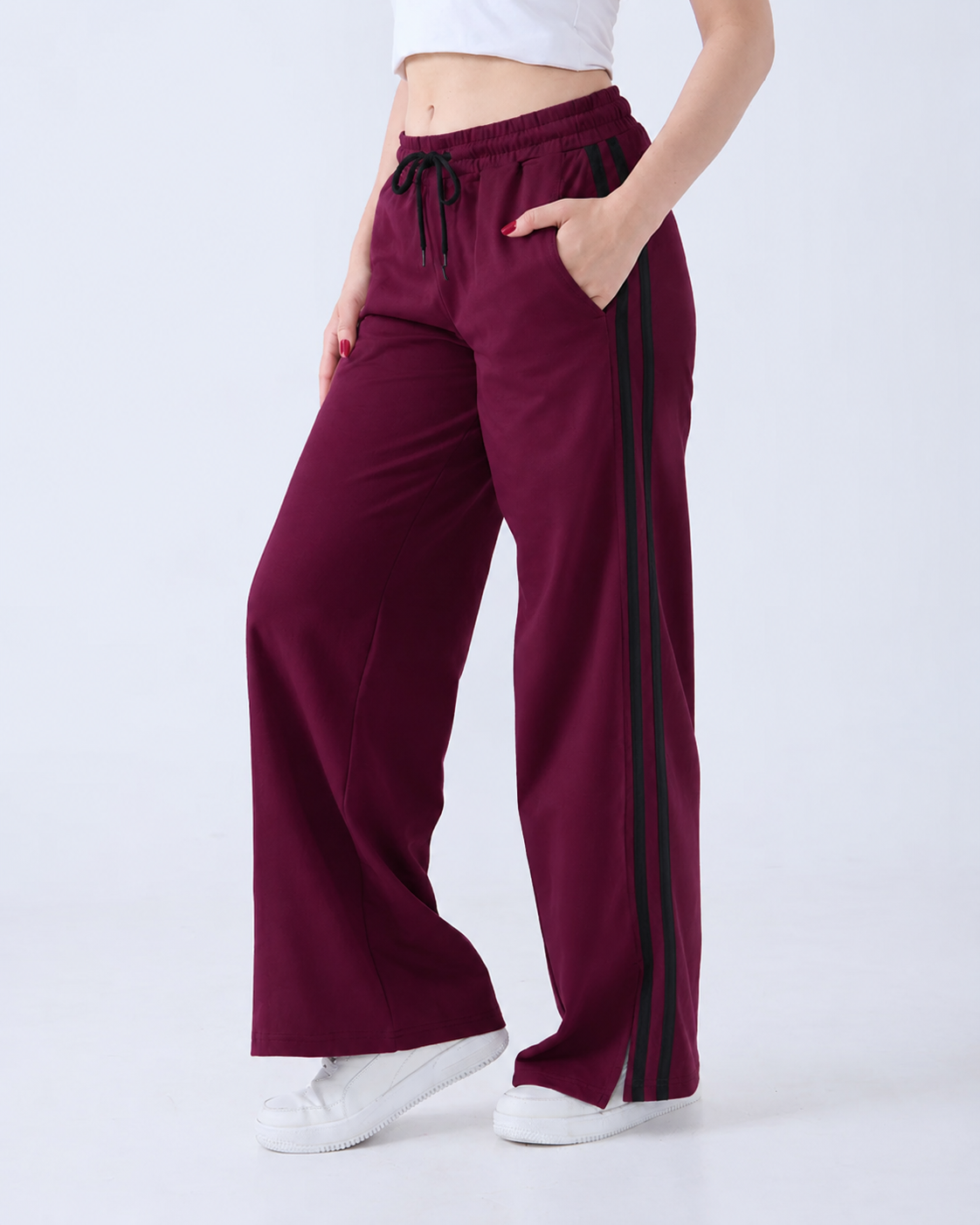 Revorn Stripe Series – Women's Wide Leg Track Pants (Maroon)