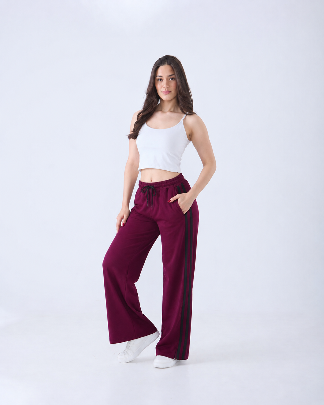 Revorn Stripe Series – Women's Wide Leg Track Pants (Maroon)-6