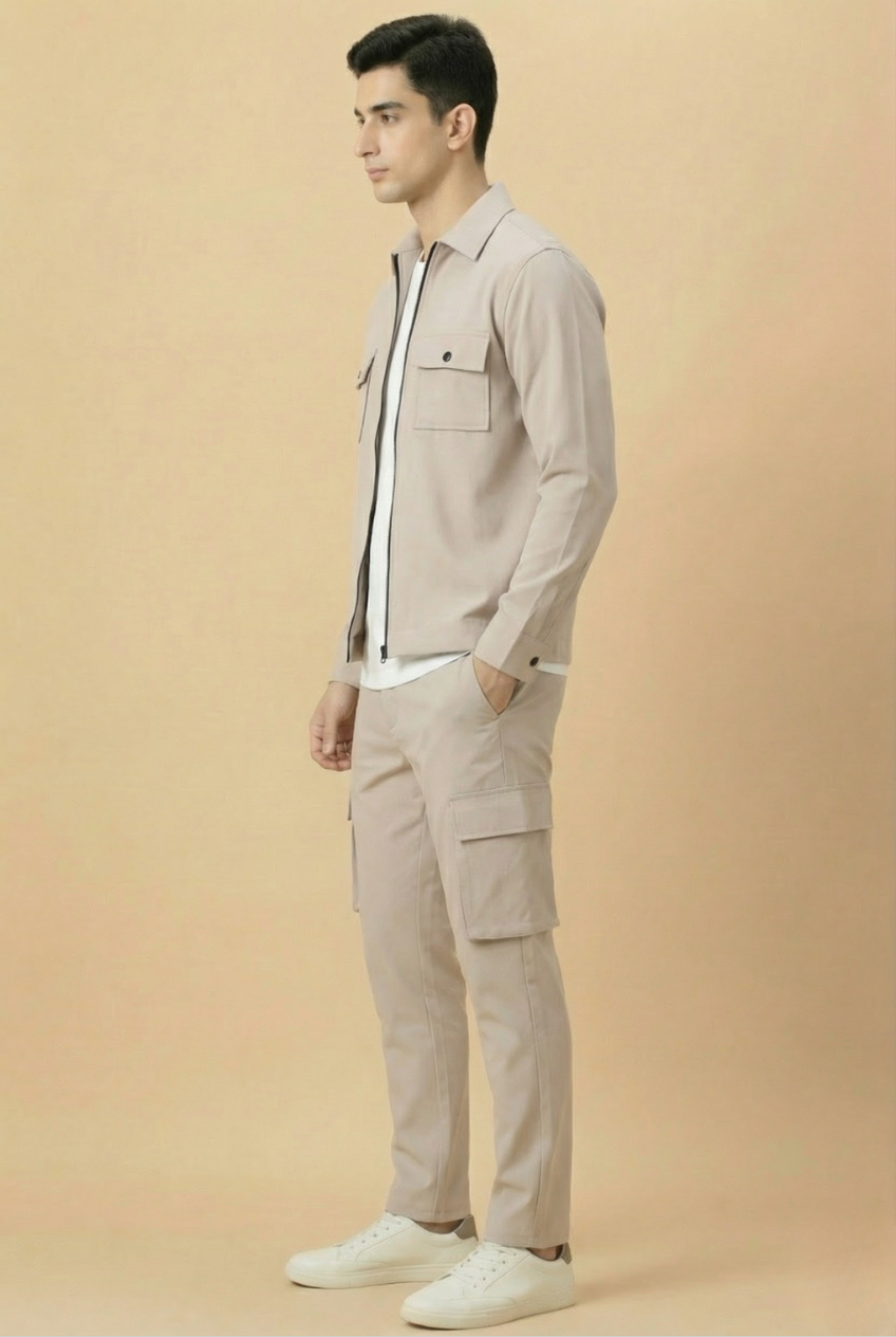 Revorn Shacket – Skin Beige Zipper Jacket & Cargo Trouser