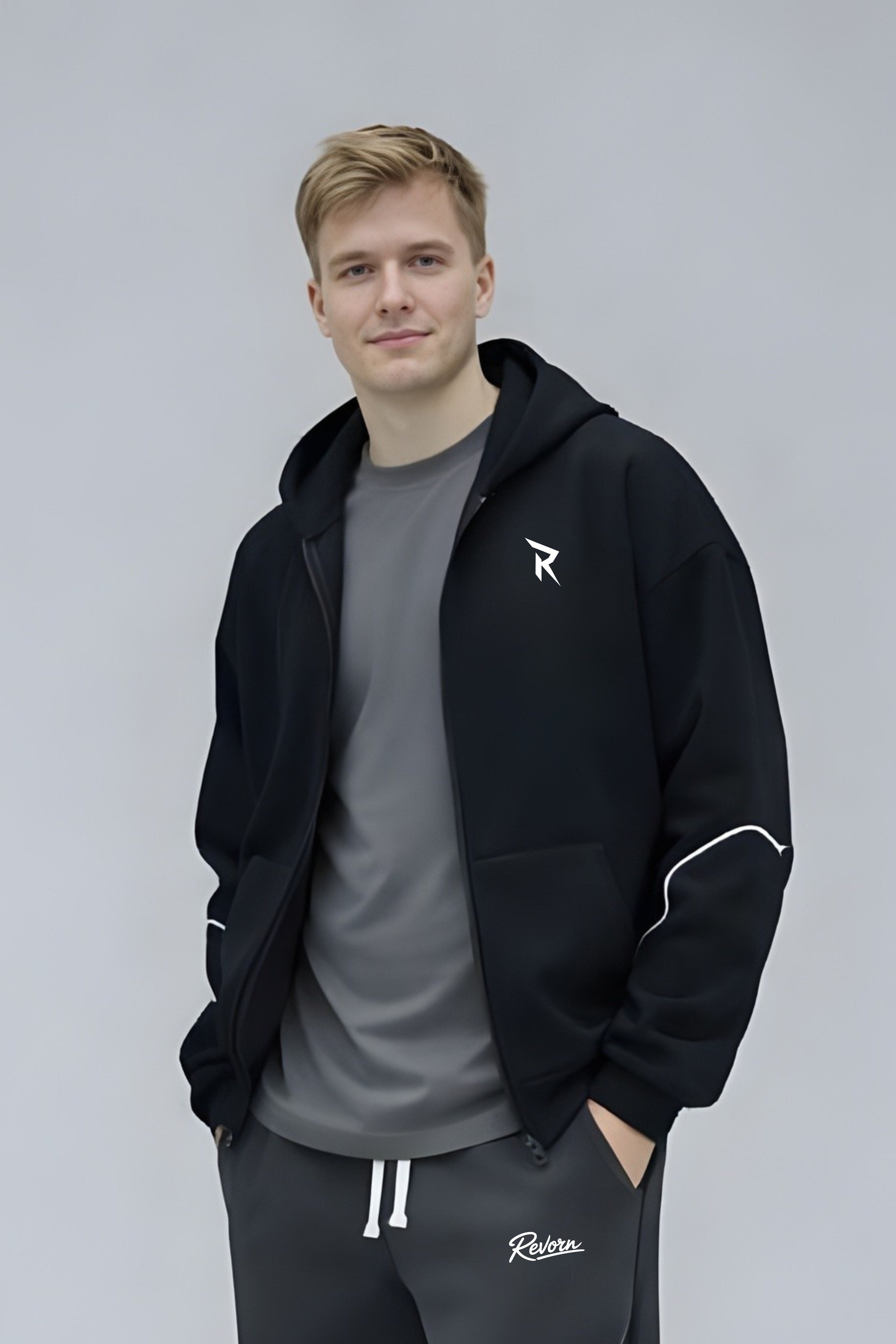 Signature Unisex Black Contrast Zipper Hoodie-3
