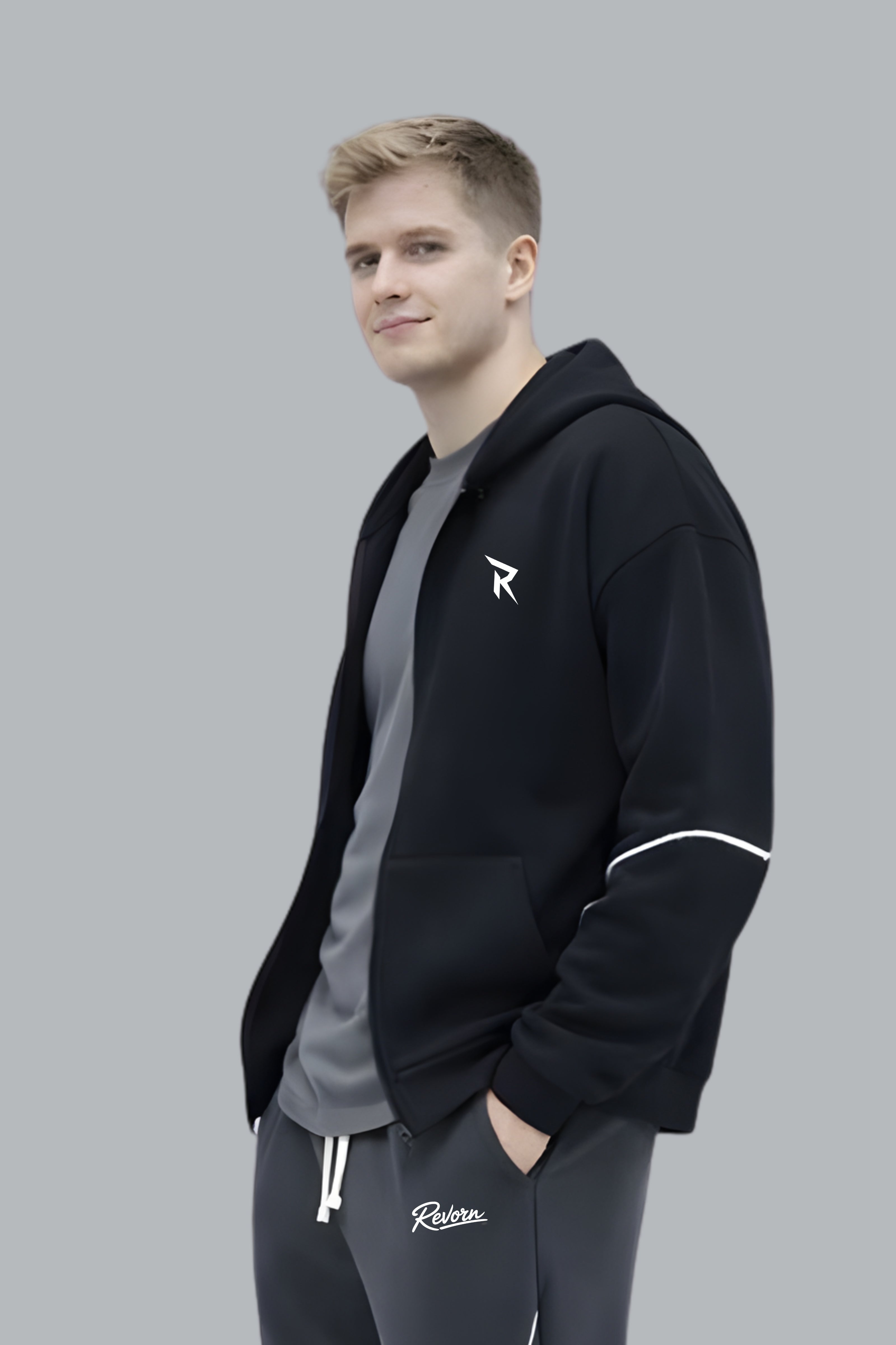 Signature Unisex Black Contrast Zipper Hoodie-4