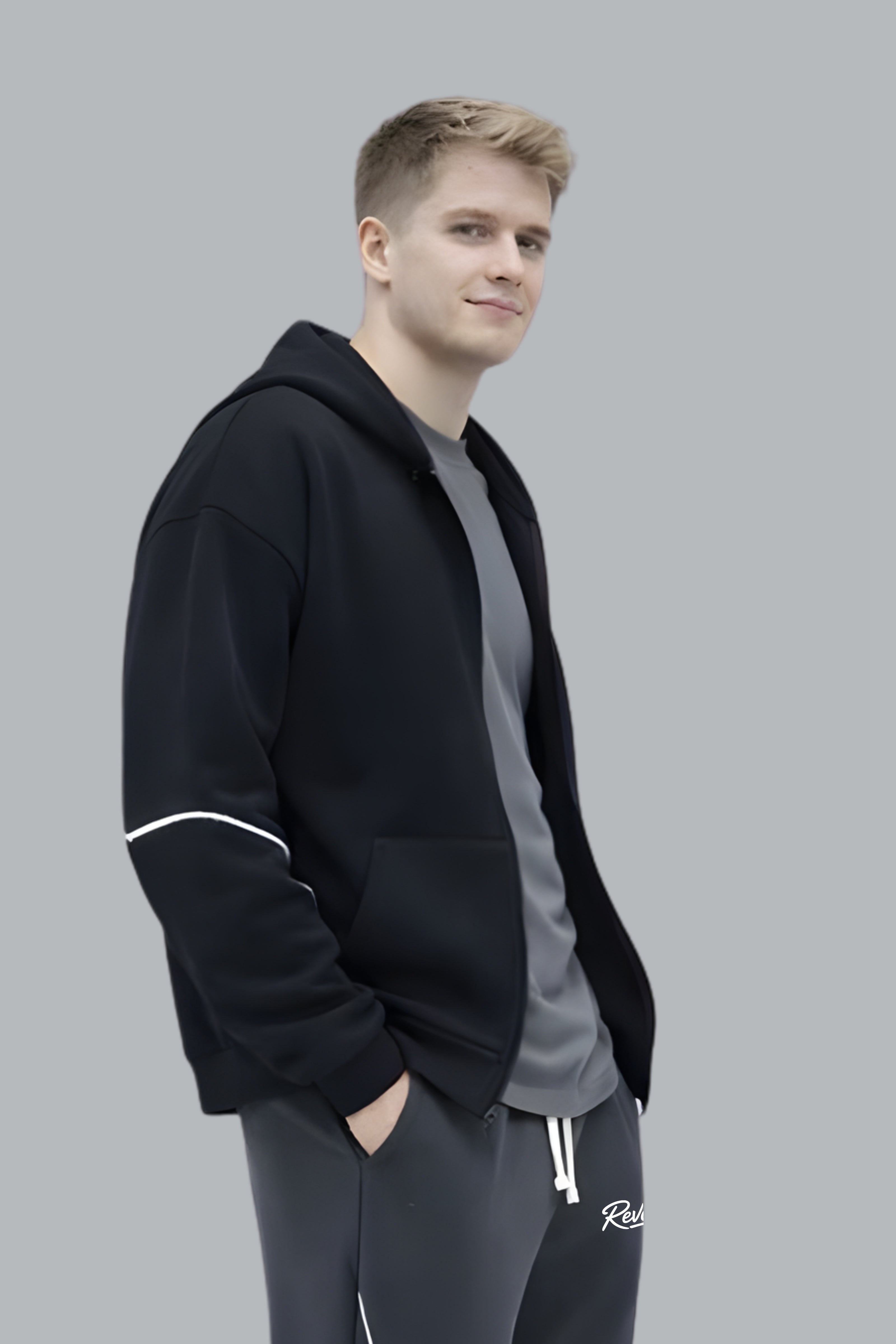 Signature Unisex Black Contrast Zipper Hoodie-5