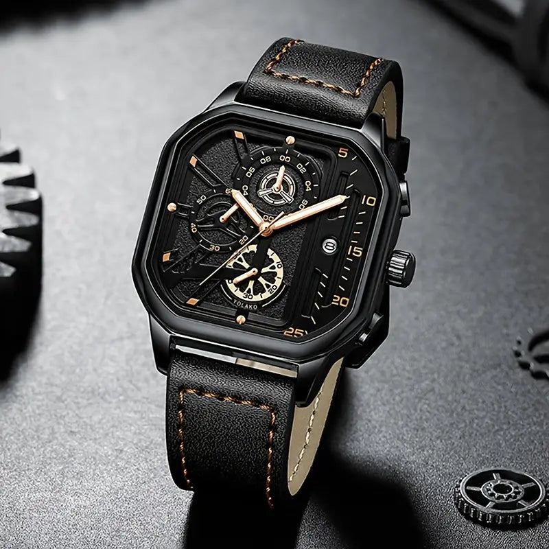 Men’s Black Square Dial Watch Leather Strap