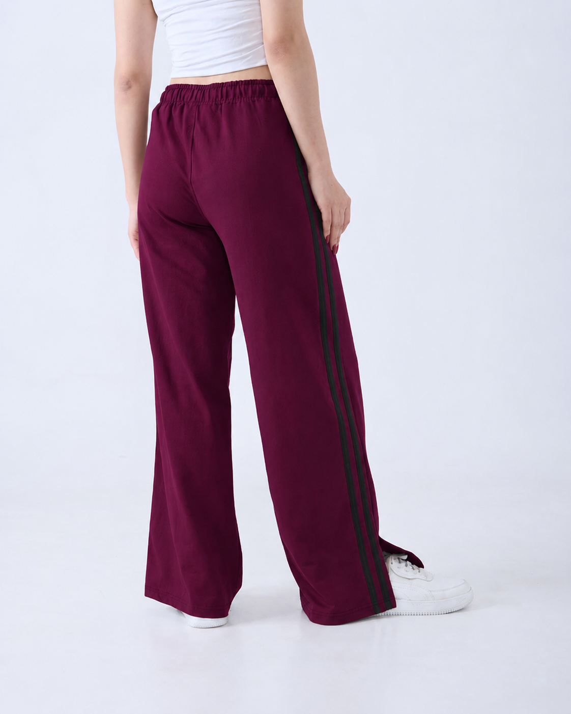 Revorn Stripe Series – Women's Wide Leg Track Pants (Maroon)-3