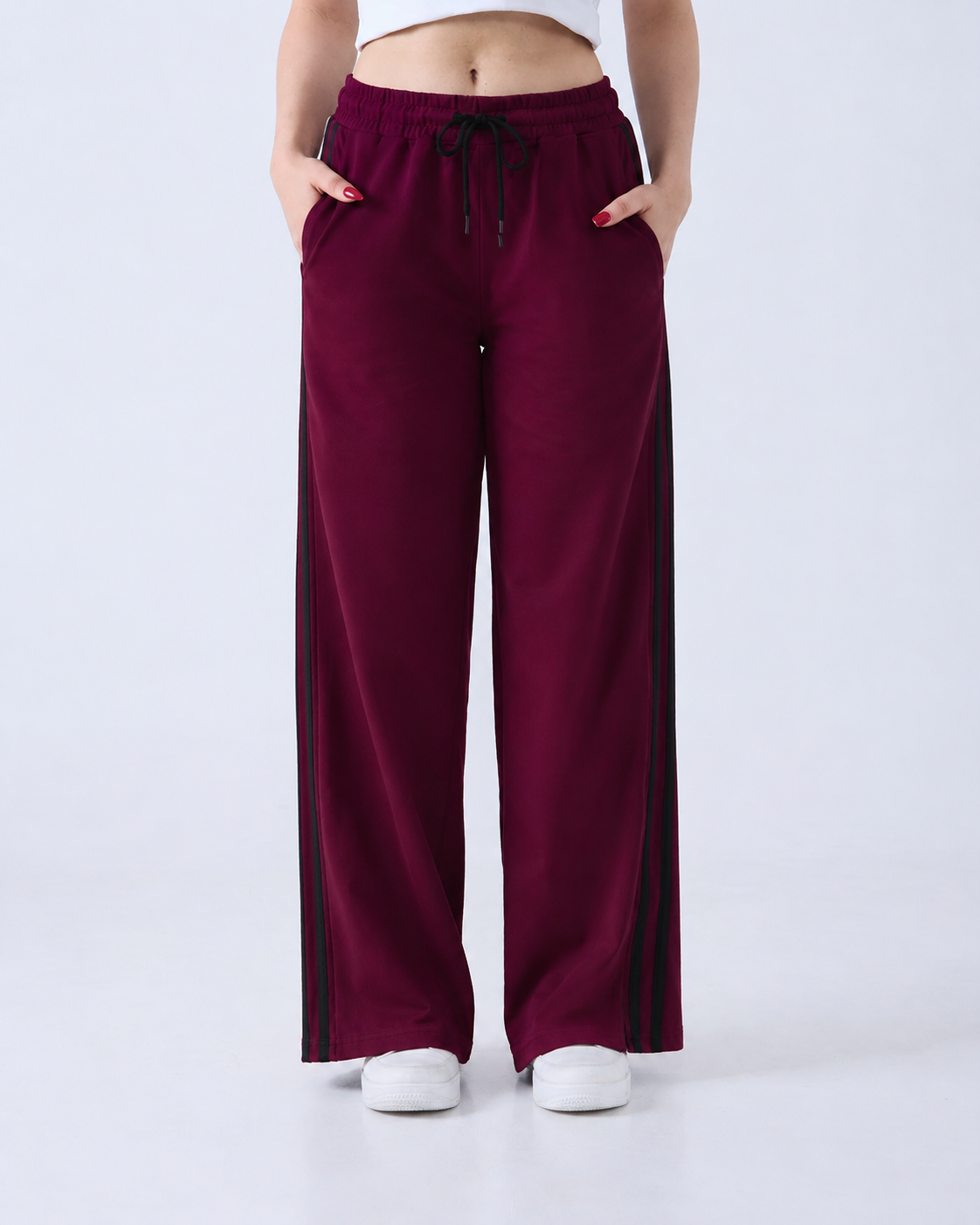 Revorn Stripe Series – Women's Wide Leg Track Pants (Maroon)-4