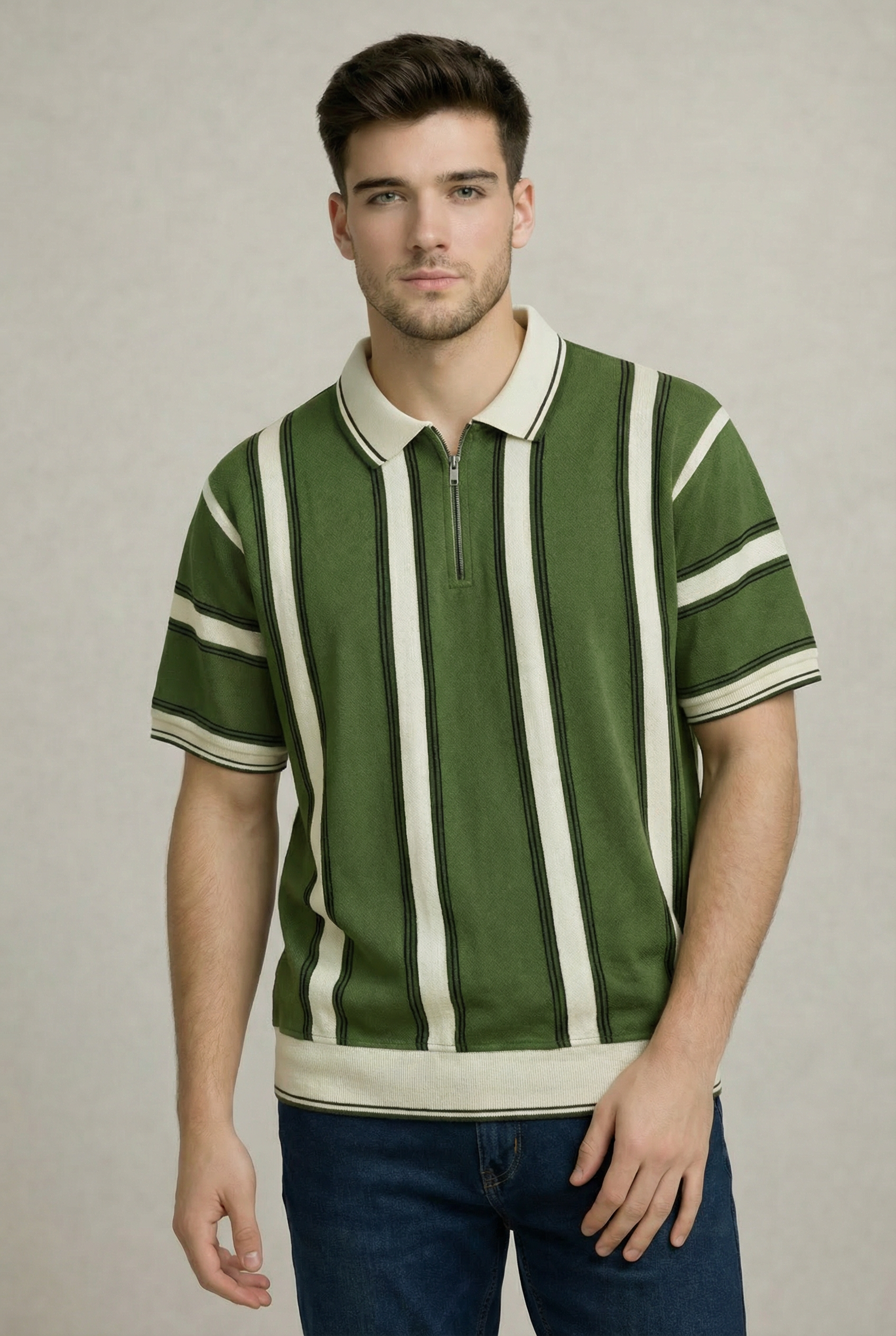 Old Money Stripe Zip Polo – Emerald Green-5