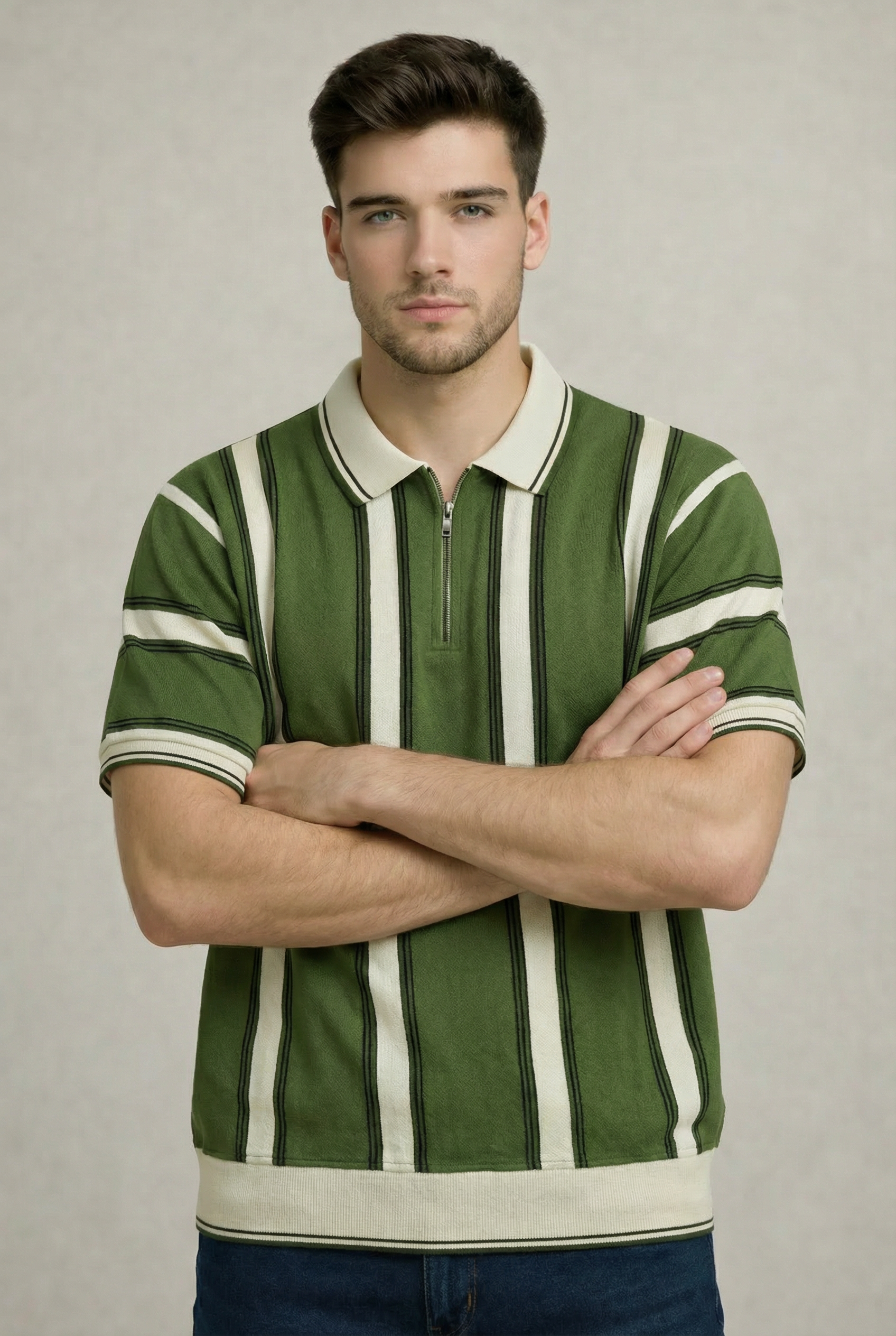 Old Money Stripe Zip Polo – Emerald Green-4