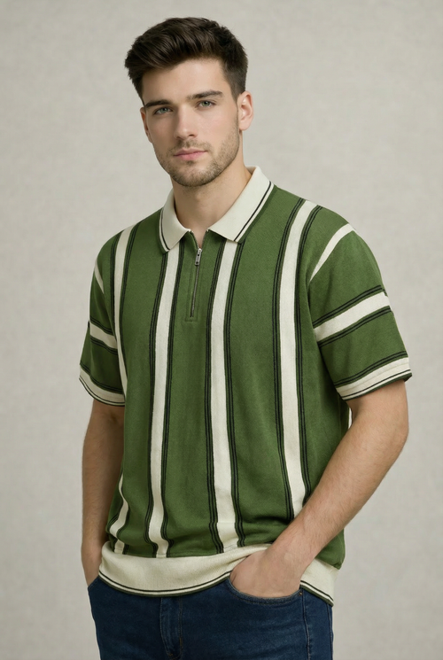 Old Money Stripe Zip Polo – Emerald Green