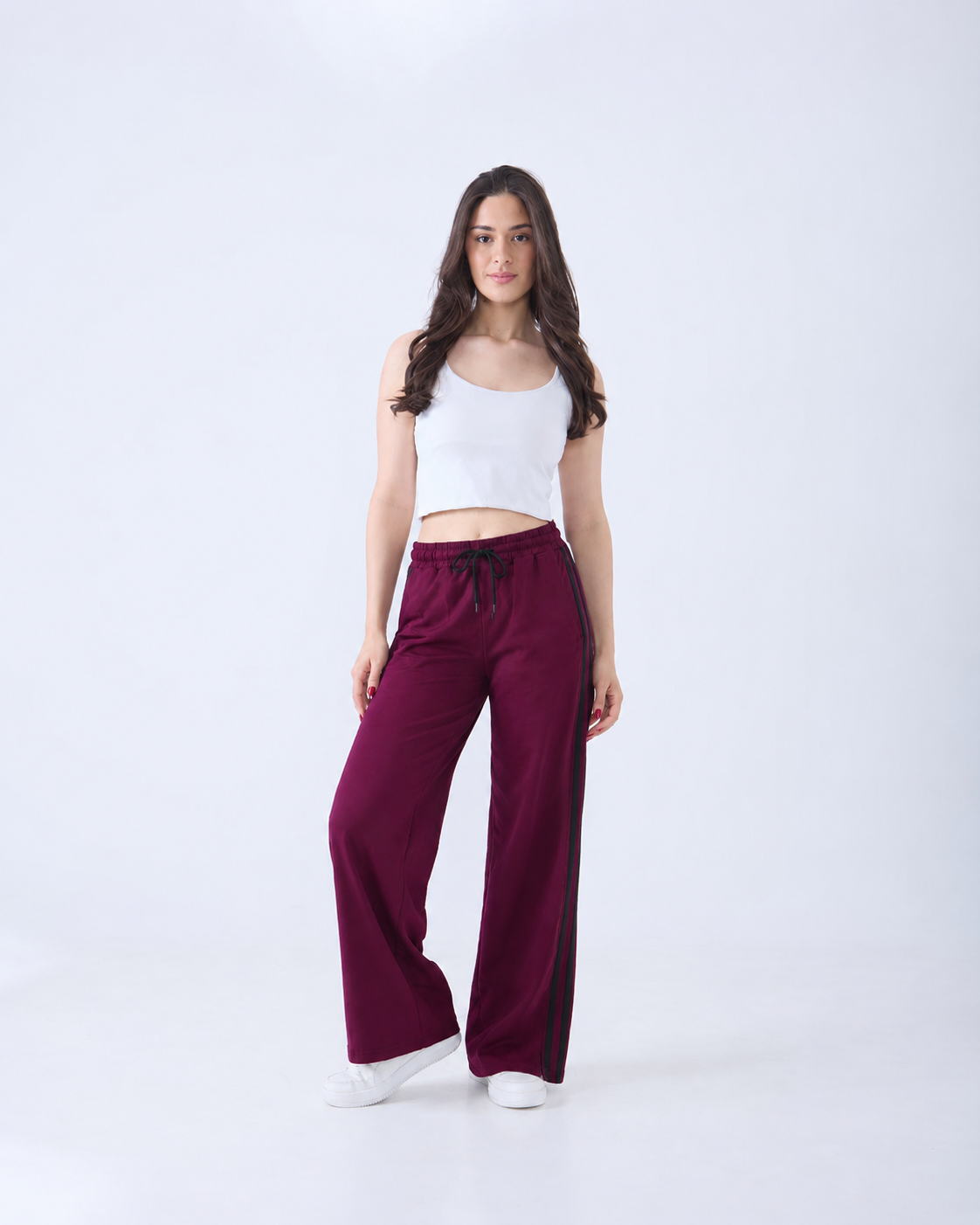 Revorn Stripe Series – Women's Wide Leg Track Pants (Maroon)-2