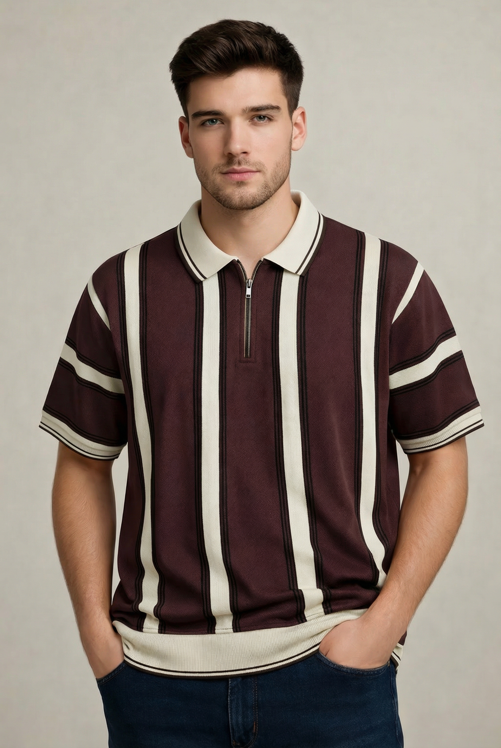 Old Money Stripe Zip Polo – Burgundy