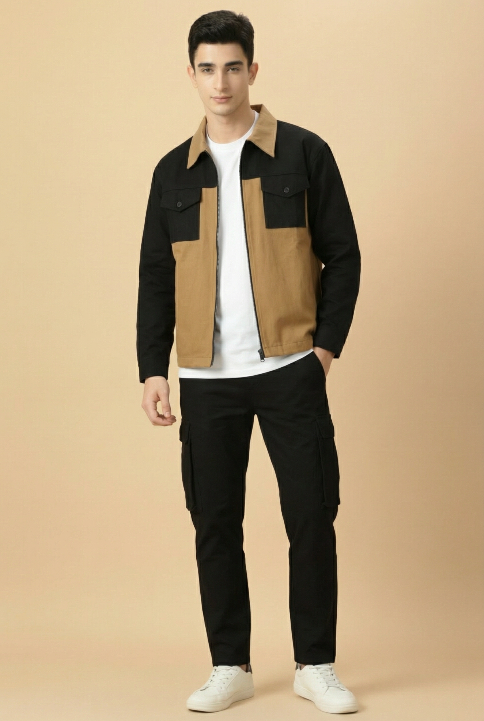 Revorn Shacket – Black & Camel Two-Tone Zipper Jacket & Cargo Trouser
