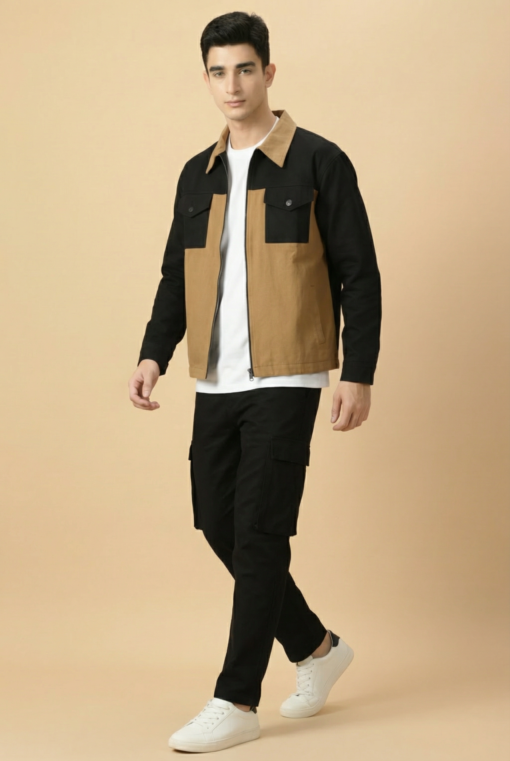 Revorn Shacket – Black & Camel Two-Tone Zipper Jacket & Cargo Trouser