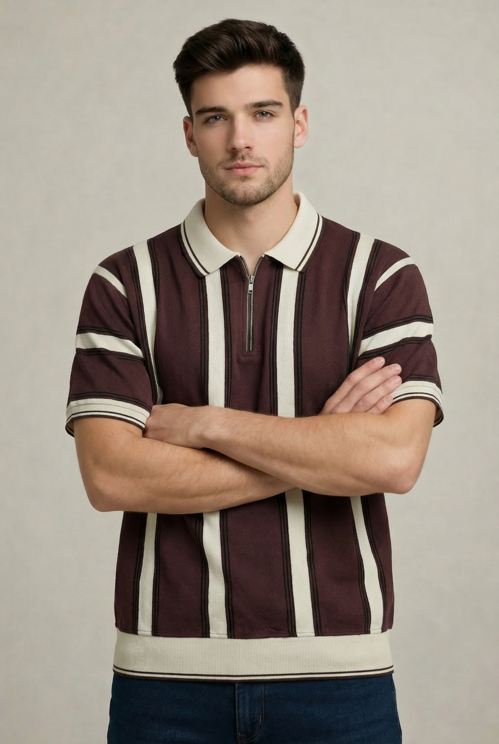 Old Money Stripe Zip Polo – Burgundy-5