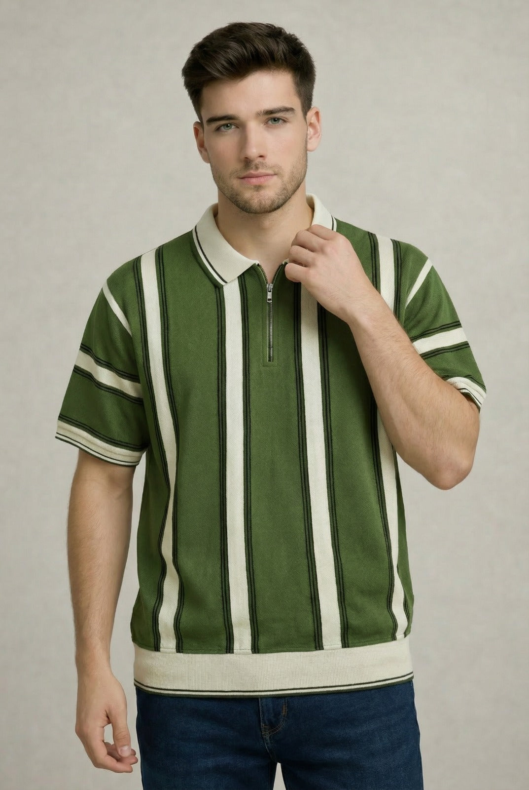 Old Money Stripe Zip Polo – Emerald Green-3