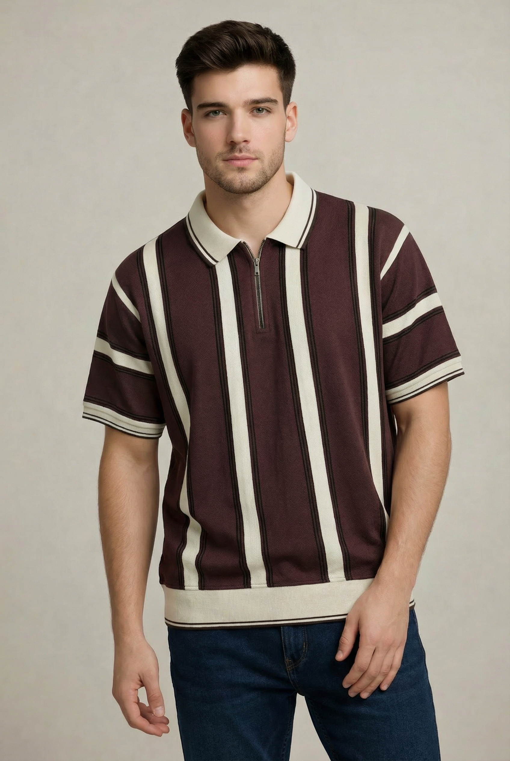 Old Money Stripe Zip Polo – Burgundy-3
