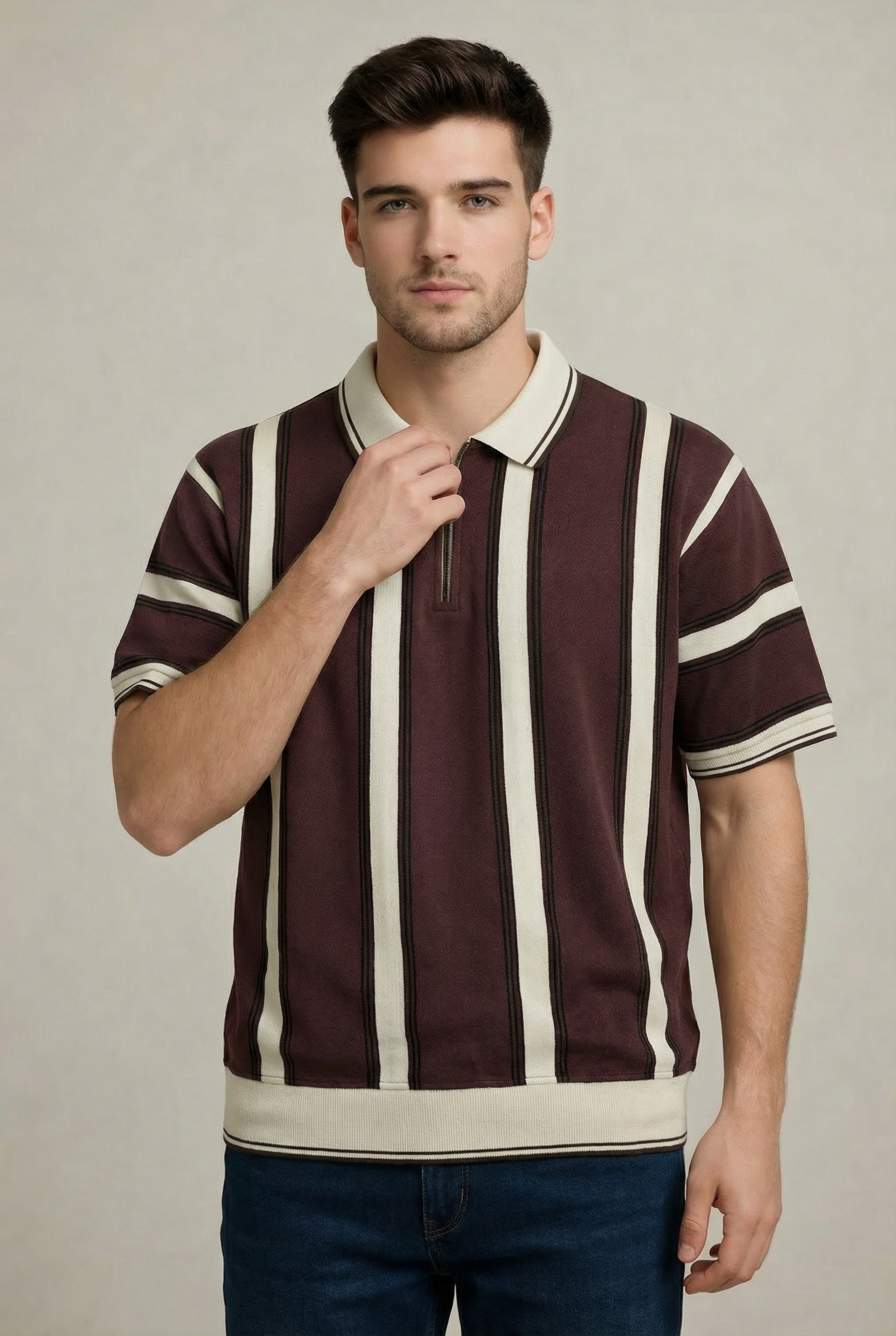 Old Money Stripe Zip Polo – Burgundy-4