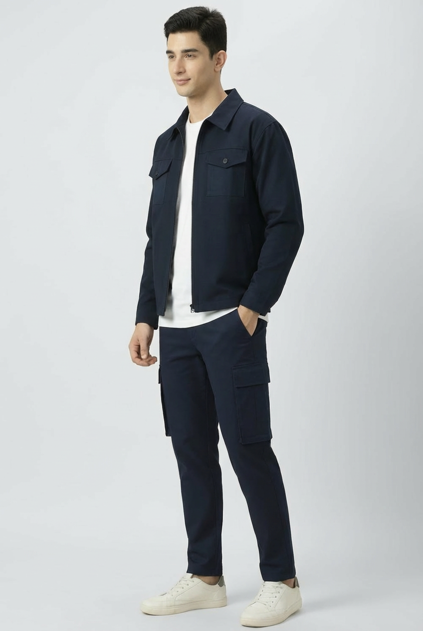 Revorn Shacket – Full Blue Zipper Jacket & Cargo Trouser