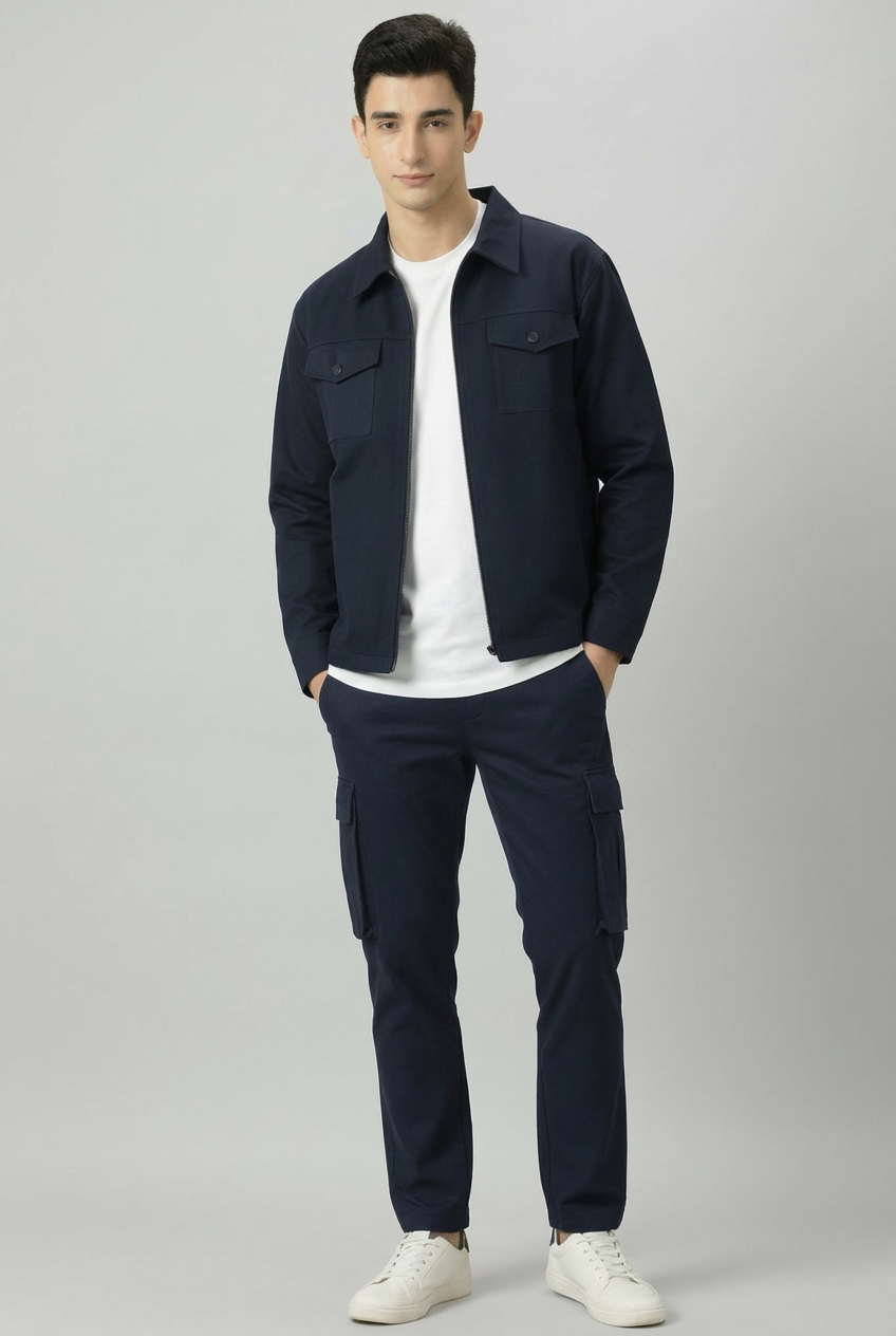 Revorn Shacket – Full Blue Zipper Jacket & Cargo Trouser