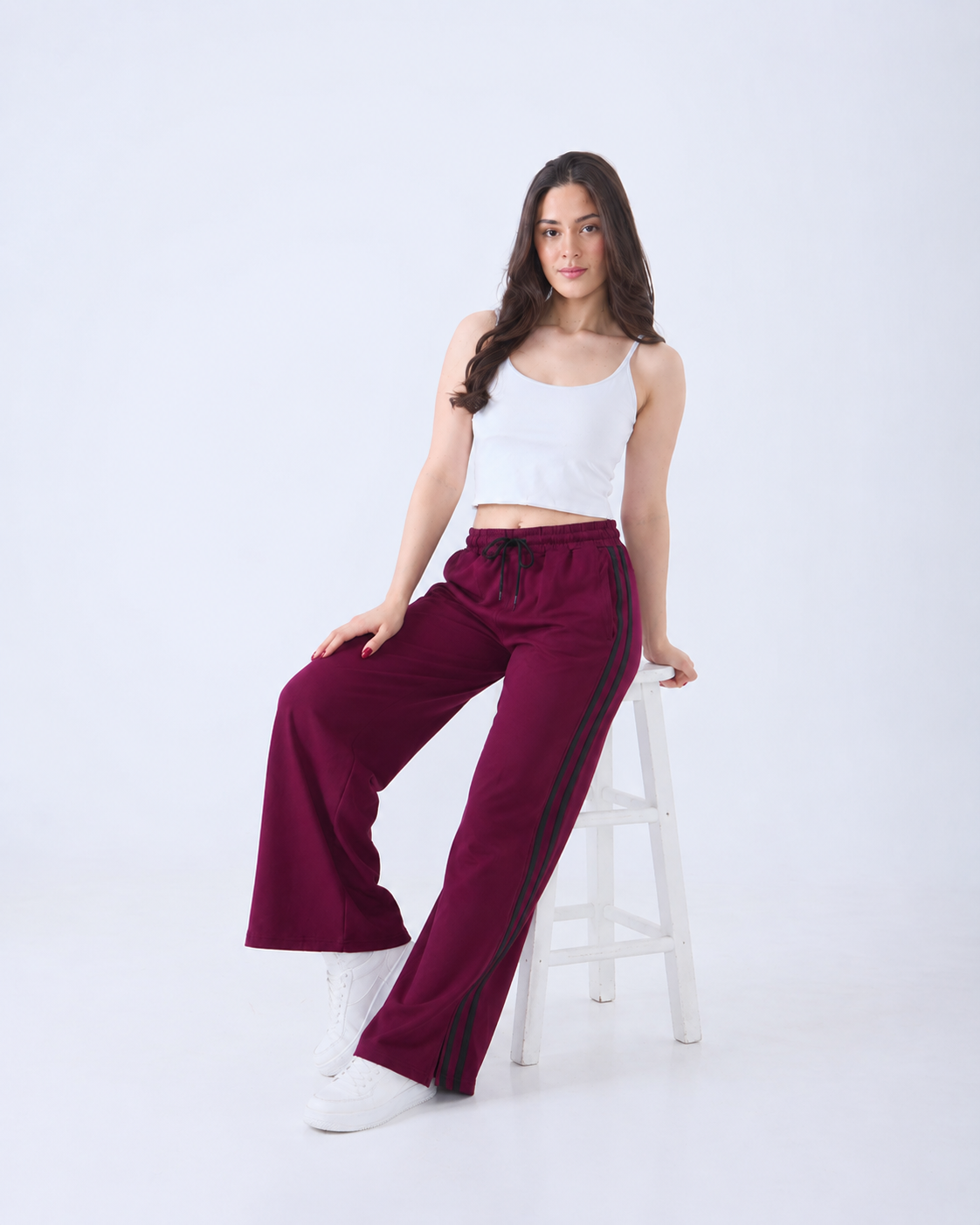 Revorn Stripe Series – Women's Wide Leg Track Pants (Maroon)-5
